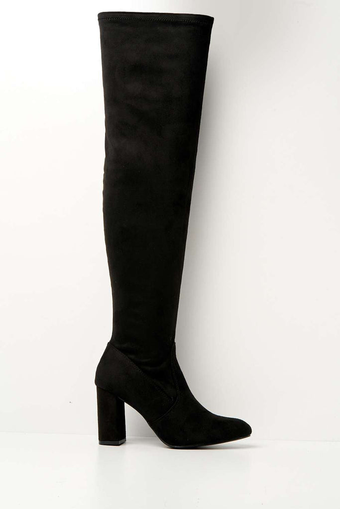 Thivira Over The Knee Block Heel Boots in Black Suede Boots Miss Diva 
