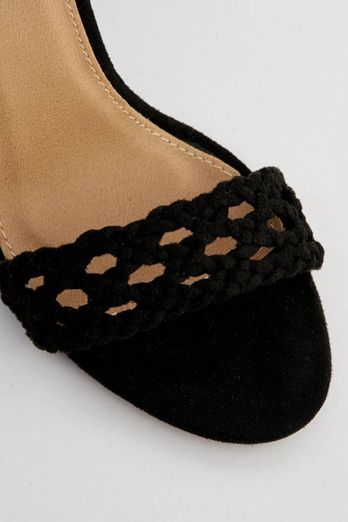 Loretta Plaited Band Ankle Strap Heeled Sandals in Black Suede Heels Miss Diva 