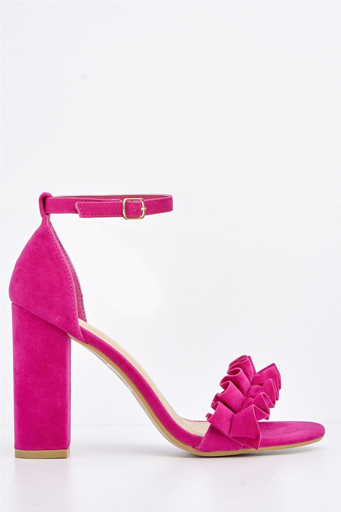 Ally Frill Detailed Anklestrap Sandal in Fuchsia Suede Heels Miss Diva 