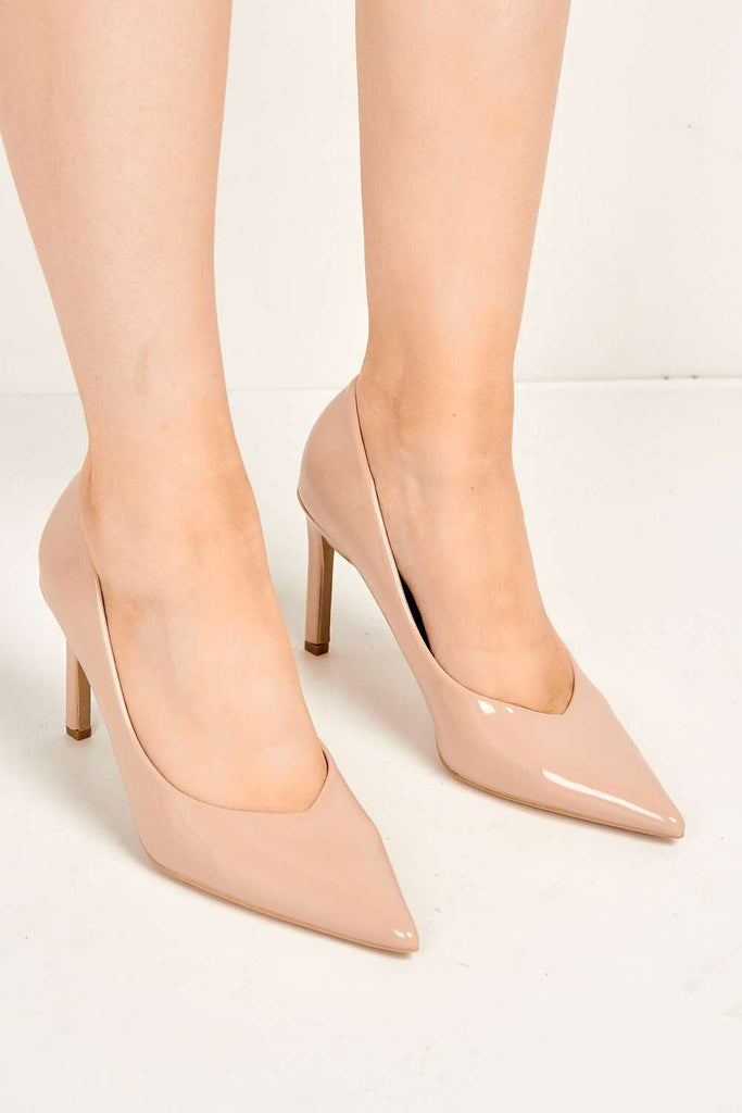 Poppie Pointed Toe Court Shoes in Nude Patent Heels Miss Diva 