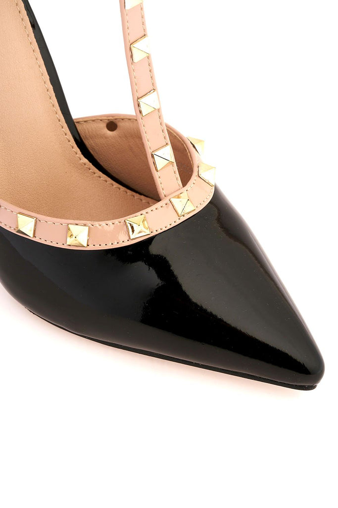 Kloss Mid Heel Studded Slingback Court Shoe in Black Patent Heels Miss Diva 