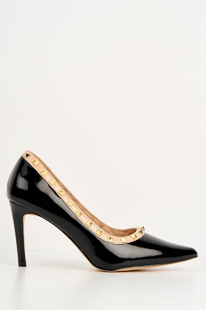 Zafira Gold Studded Court Shoes in Black Patent Heels Miss Diva 