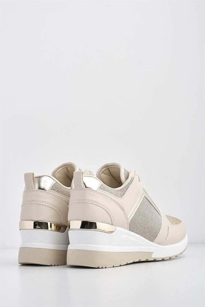 Katie Lace Up Trainer in PU Leather and Metal Detailing in Beige Trainers Miss Diva 