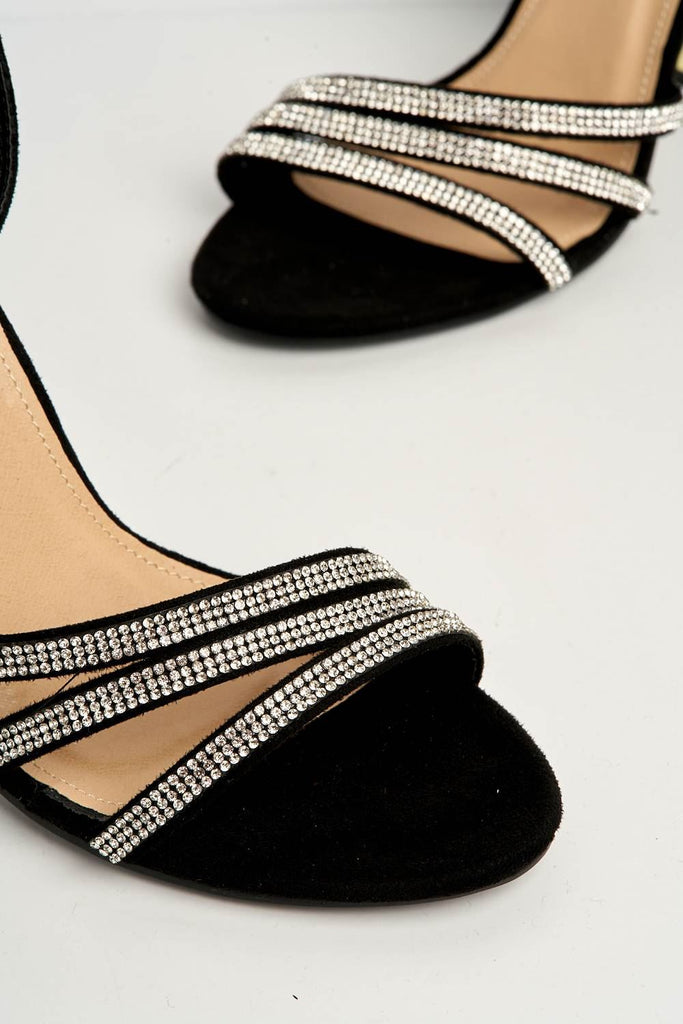 Theda Block Heel Diamante Embellished Ankle Strap Sandals in Black Sudede Heels Miss Diva 