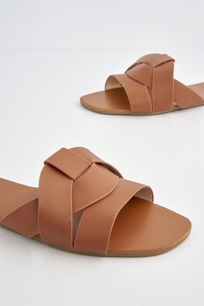Genesis Flat Faux Leather Sandal in Tan Heels Miss Diva 