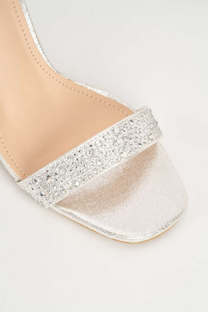 Santana Diamante Embellished Ankle Strap Block Heel Sandal in Silver Heels Miss Diva 