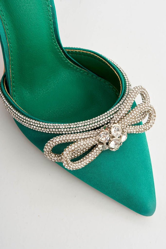 Natalie Pointed Toe Diamante Bow & Strap Court Shoe Heel in Green Heels Miss Diva 