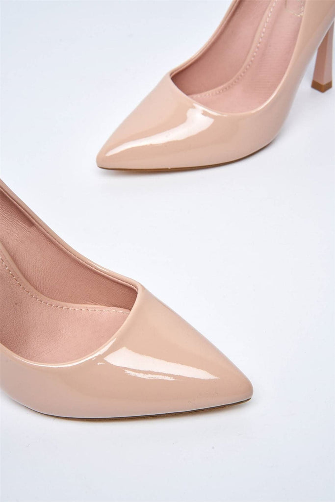 Gina Spool Heel Court Shoes in Nude Patent Heels Miss Diva 