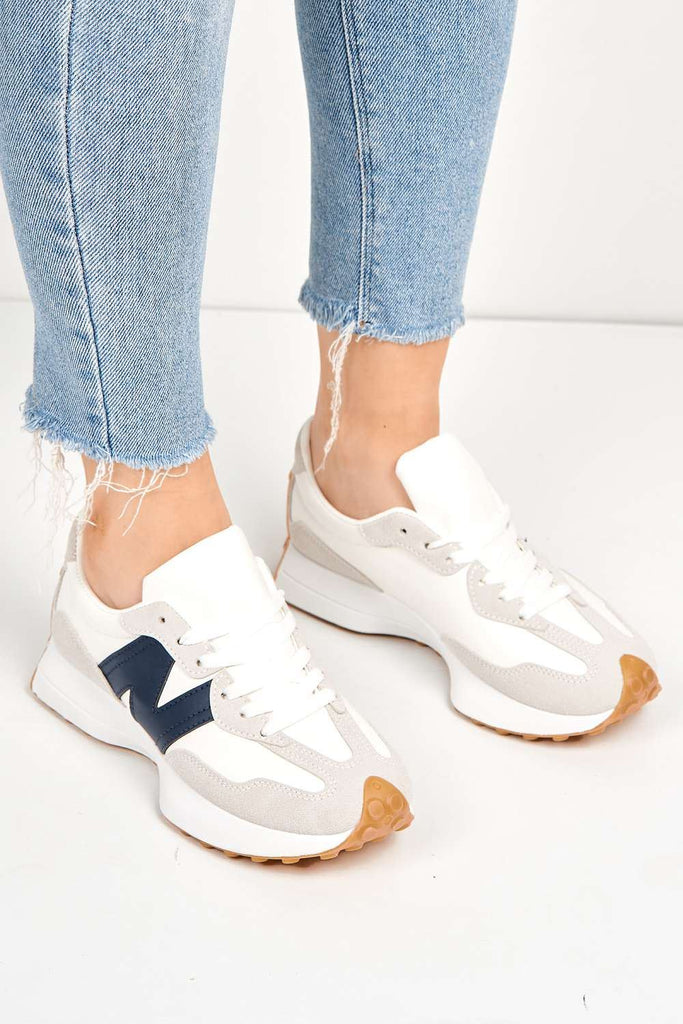 Flexi Two-Tone PU Detail Lace-up Trainers in White / Navy Trainers Miss Diva 